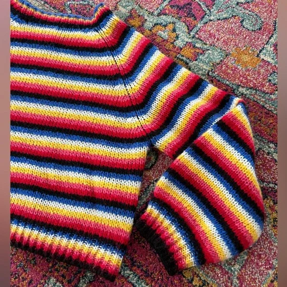 Golden Days Paris | Women’s rainbow tripped balloon sleeve pullover sweater, OS - Picture 3 of 16